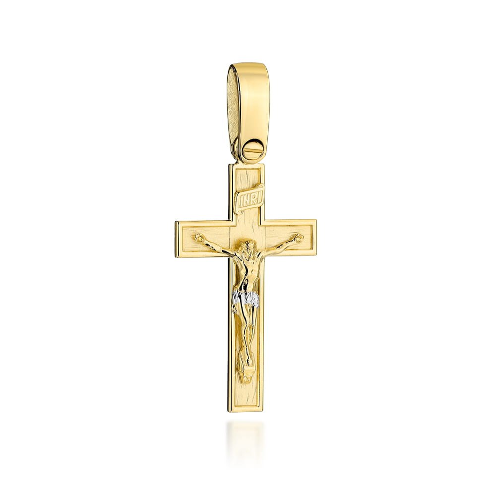 Krzyż złoty satynowy ze zdobieniem z ukrzyżowanym Jezusem (Gramatura: 9.15)