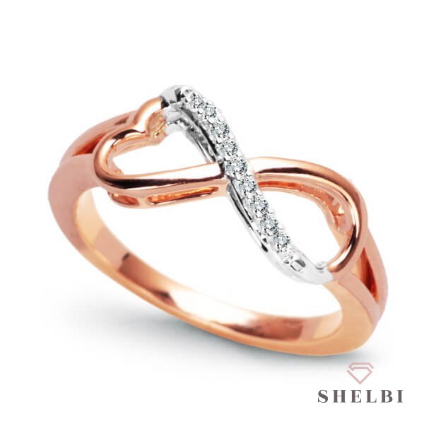 Złoty pierścionek nieskończoność z brylantami różowe i białe złoto Staviori