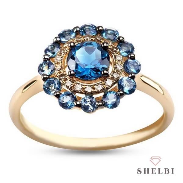 Złoty pierścionek z błękitnym topazem i diamentami Staviori pr. 585 styl wiktoriański