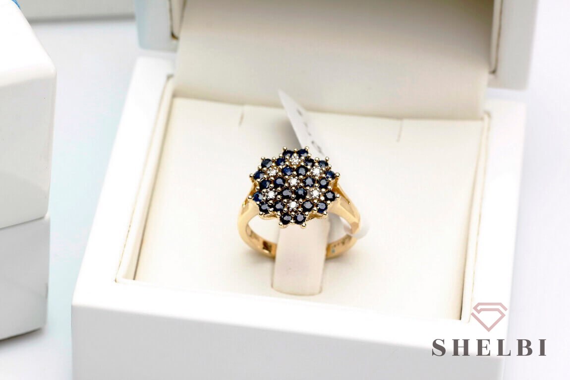Złoty pierścionek z szafirami i diamentami Staviori pr. 585 styl wiktoriański