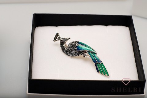 Srebrna broszka elegancki duży zielony paw prezent Staviori Srebrna broszka elegancki duży zielony paw prezent Staviori