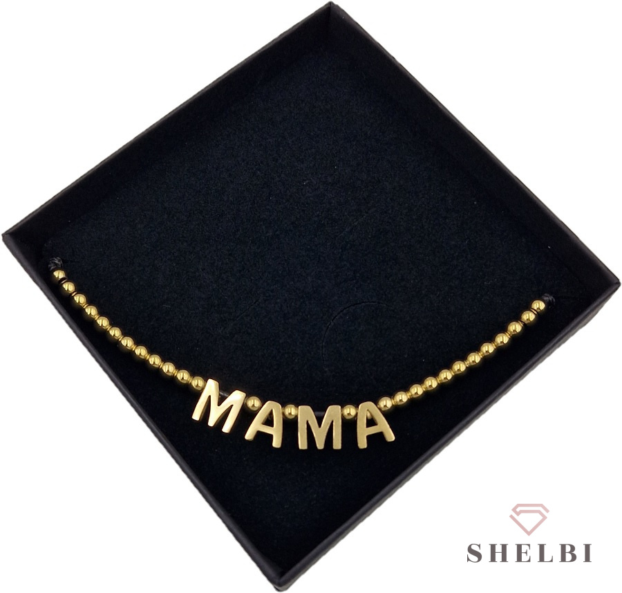 Bransoletka z napisem MAMA złote koraliki na czarnym sznurku prezent