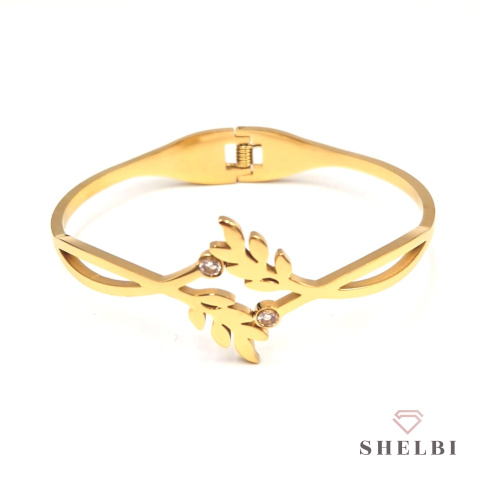 Bransoletka złota sztywna liść z cyrkoniami stal chirurgiczna bangle Bransoletka złota sztywna liść z cyrkoniami stal chirurgiczna bangle