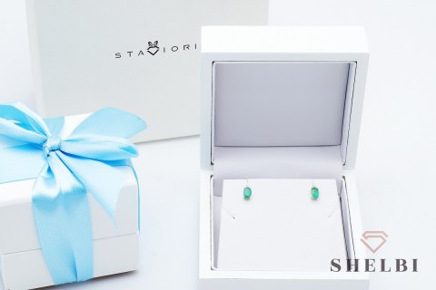Złote kolczyki ze szmaragdem i diamentami żółte złoto Staviori pr. 585 styl wiktoriański Złote kolczyki ze szmaragdem i diamentami żółte złoto Staviori pr. 585 styl wiktoriański
