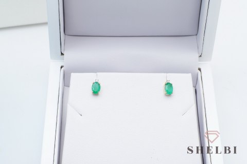 Złote kolczyki ze szmaragdem i diamentami żółte złoto Staviori pr. 585 styl wiktoriański Złote kolczyki ze szmaragdem i diamentami żółte złoto Staviori pr. 585 styl wiktoriański
