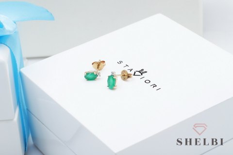 Złote kolczyki ze szmaragdem i diamentami żółte złoto Staviori pr. 585 styl wiktoriański Złote kolczyki ze szmaragdem i diamentami żółte złoto Staviori pr. 585 styl wiktoriański