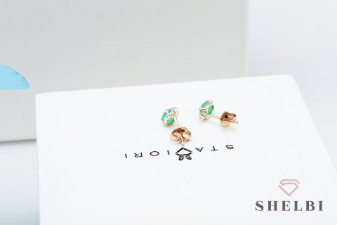Złote kolczyki ze szmaragdem i diamentami żółte złoto Staviori pr. 585 styl wiktoriański Złote kolczyki ze szmaragdem i diamentami żółte złoto Staviori pr. 585 styl wiktoriański