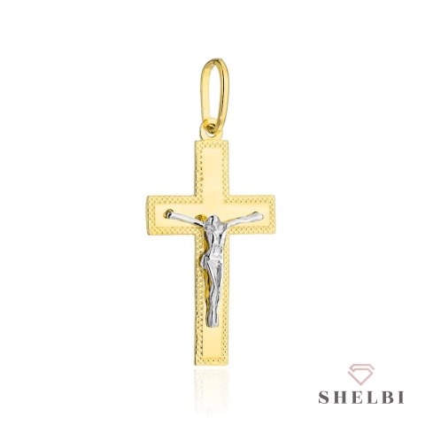 Krzyżyk złoty zdobiony diamentowaniem z Jezusem w dwóch kolorach złota średni (Gramatura: 1.94)