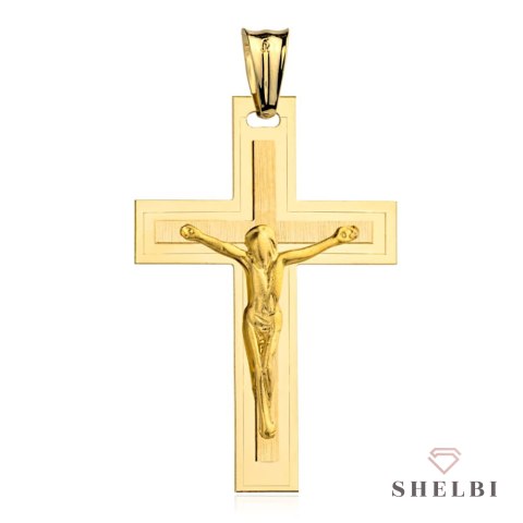 Krzyżyk złoty z Jezusem zdobiony satynowaniem (Gramatura: 3.81)