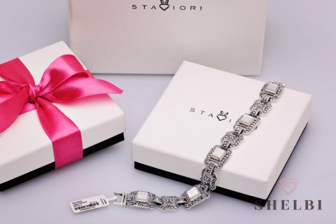 Srebrna bransoletka z masą perłową i markazytami srebro rodowane Staviori Srebrna bransoletka z masą perłową i markazytami srebro rodowane Staviori