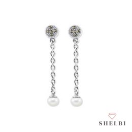 Srebrne kolczyki naturalna perła na łańcuszku i markazyty Staviori