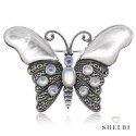 Srebrna broszka motyl biały perłowy z markazytami Staviori