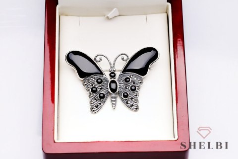 Srebrna broszka motyl z onyksem i markazytami prezent Staviori Srebrna broszka motyl z onyksem i markazytami prezent Staviori