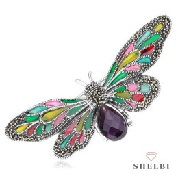 Srebrna broszka z motylem przepiękny duzy kolorowy motyl z markazytami prezent Staviori