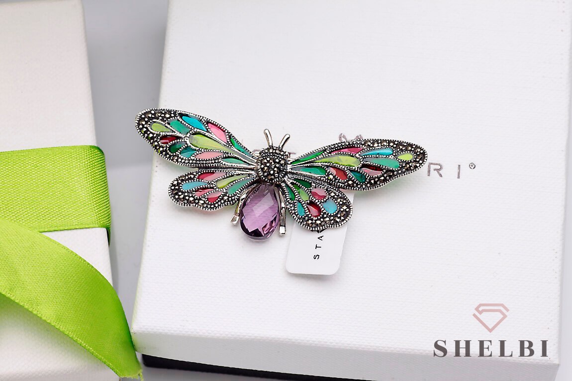 Srebrna broszka z motylem przepiękny duzy kolorowy motyl z markazytami prezent Staviori