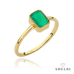 Pierścionek złoty prostokąt z zielonym agatem