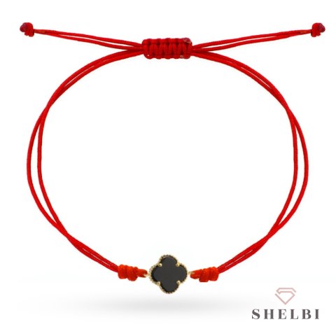 Bransoletka złota czarna koniczynka na czerwonym sznurku 585 SHELBI