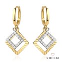 Kolczyki dwa kwadraciki diamentowany i wysadzany cyrkoniami na kreolu 585 SHELBI