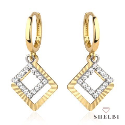 Kolczyki dwa kwadraciki diamentowany i wysadzany cyrkoniami na kreolu 585 SHELBI