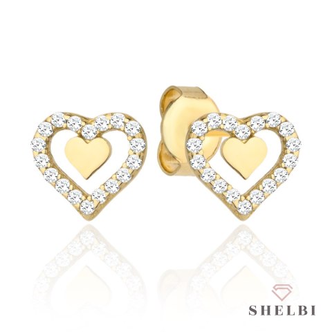 Kolczyki złote serduszko w sercu wysadzanym cyrkoniami na sztyfcie 585 SHELBI