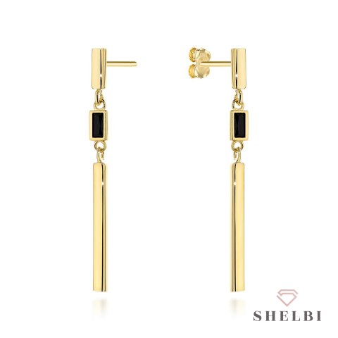 Kolczyki złote wiszące pałeczki z czarnym kamieniem 585 SHELBI