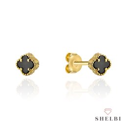 Kolczyki złote z czarną koniczynką 4mm 585 SHELBI