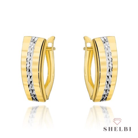 Kolczyki złote z diamentowaniem na środku w dwóch kolorach złota 585 SHELBI
