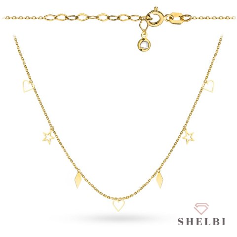 Naszyjnik złoty z wiszącymi gwiazdkami, rombami i konturami serc 585 SHELBI