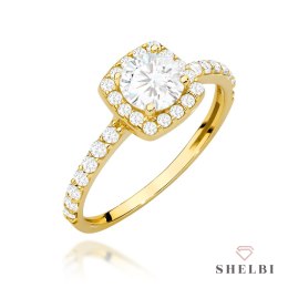 Pierścionek złoty z centralną cyrkonią w kwadracie wysadzany cyrkoniami 585 SHELBI