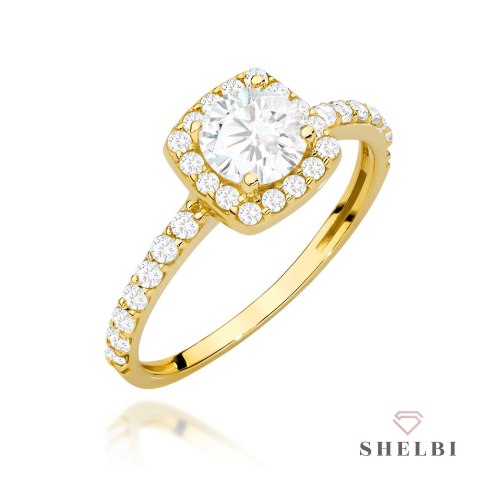 Pierścionek złoty z centralną cyrkonią w kwadracie wysadzany cyrkoniami 585 SHELBI