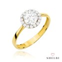Pierścionek złoty z centralną cyrkonią w oprawie mniejszych i gładką szyną 585 SHELBI