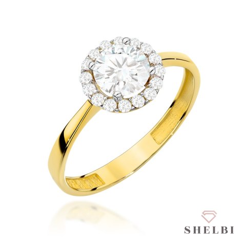 Pierścionek złoty z centralną cyrkonią w oprawie mniejszych i gładką szyną 585 SHELBI