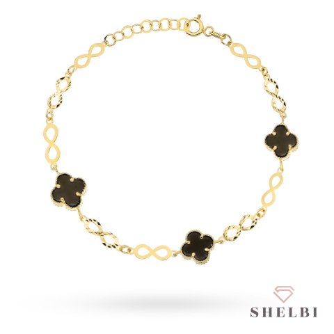 Bransoletka złota znaki nieskończoności i czarne koniczynki 585 SHELBI