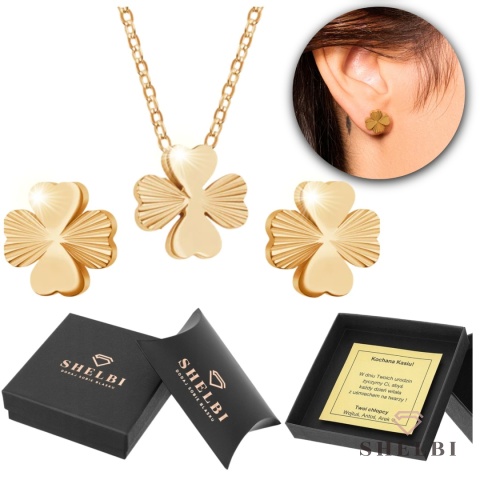 Złoty komplet biżuterii z koniczynką na szczęscie zestaw na prezent