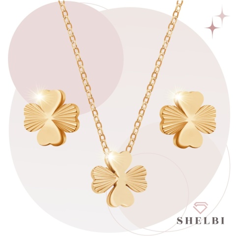 Złoty komplet biżuterii z koniczynką na szczęscie zestaw na prezent