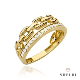 Pierścionek złoty podwójny z ogniwami i rzędem cyrkonii