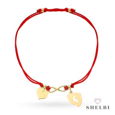 Bransoletka stópki, nieskończoność i serce na czerwonym sznurku