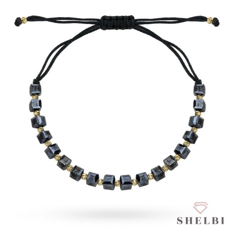 Bransoletka z grafitowymi kamieniami holo na czarnym sznurku