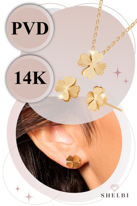 Złoty komplet biżuterii z koniczynką na szczęscie zestaw na prezent