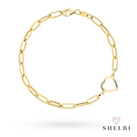 Bransoletka złota długie ogniwa i diamentowane serce 585 SHELBI