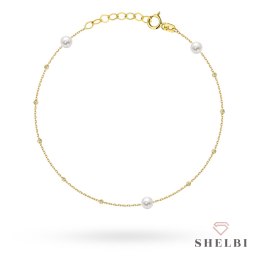 Bransoletka złota z delikatnymi diamentowanymi kuleczkami i perłami