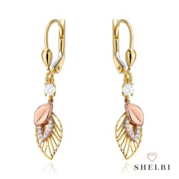 Kolczyki złote listki zdobione cyrkoniami w trzech kolorach złota 585 SHELBI