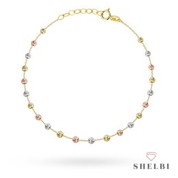 Bransoletka w trzech kolorach złota z diamentowanymi kuleczkami 585 SHELBI