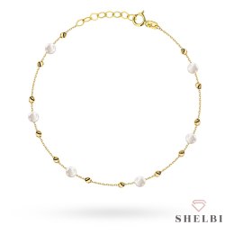 Bransoletka złota z gładkimi kuleczkami i perłami 585 SHELBI