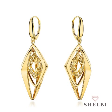 Kolczyki złote potrójne gładkie romby zdobione ażurem 585 SHELBI