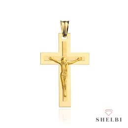 Krzyżyk złoty z Jezusem zdobiony satynowaniem mniejszy 585 SHELBI