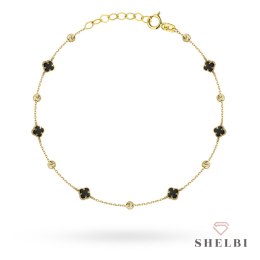 Bransoletka złota z czarnymi koniczynkami i diamentowanymi kulkami