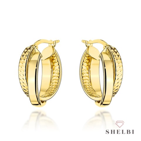 Kolczyki złote podwójne kółka gładkie i diamentowane