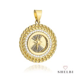 Gold braided circle pendant with cubic zirconia, diamond-cut finish and North Star