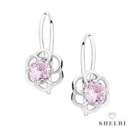 Kolczyki srebrne kwiatki z różową cyrkonią zapinane na bigiel